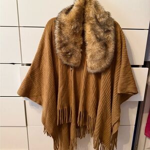 Women's Tan Poncho with Faux Fur Collar